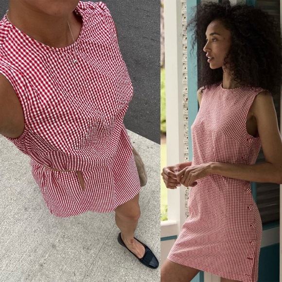 Doen Coralie Cotton Crewneck Button Mini Dress Rouge La Maddalena Gingham  Red